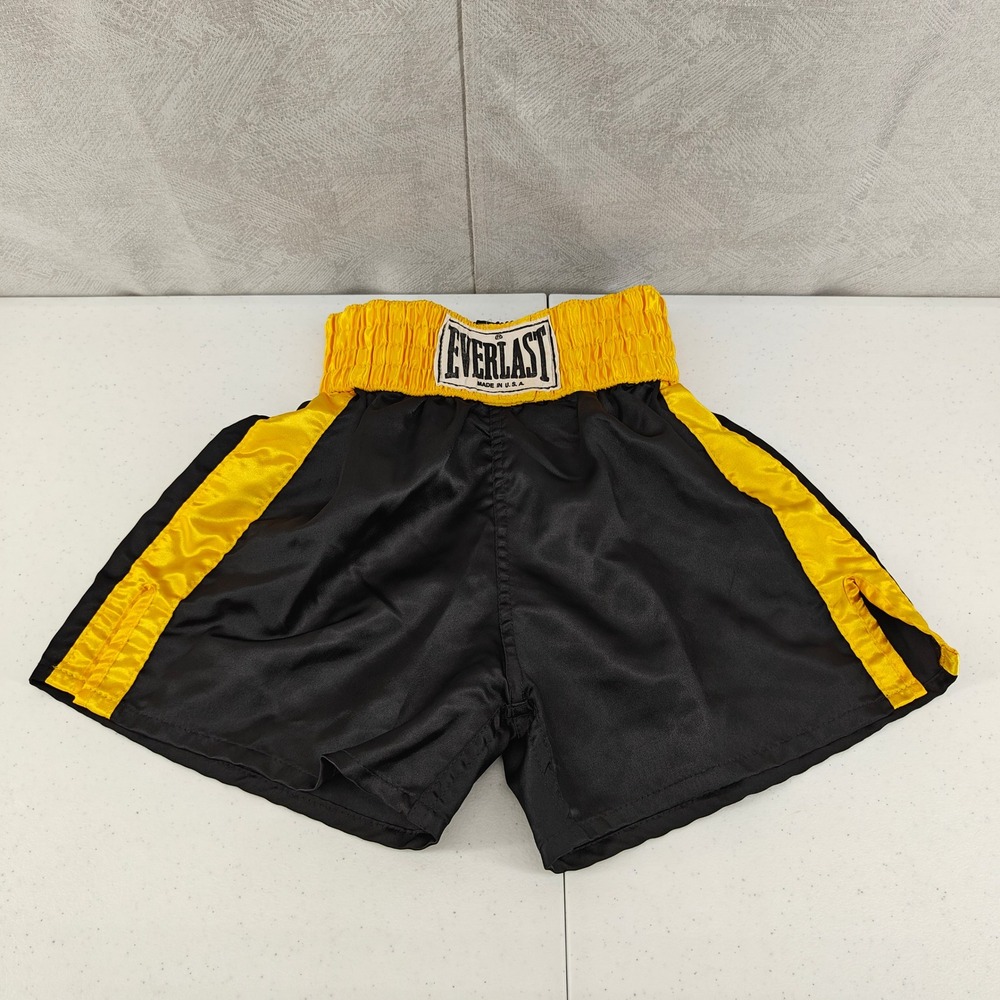 Vintage Everlast Boxing Shorts Mens Small Black Yellow Satin Trunks Made in USA